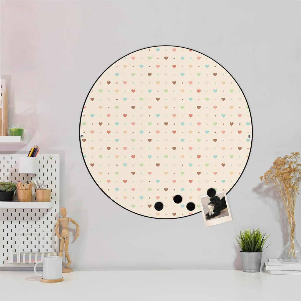 Design Stahlmagnettafel Schwarz Rund 47cm Herzen bunt