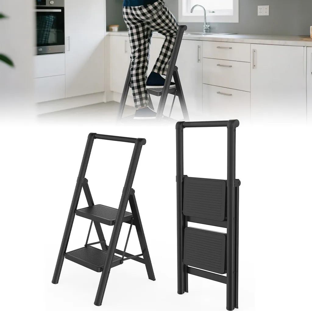 Escabeau cuisine et bureau pliable 2 marches avec main courante stable