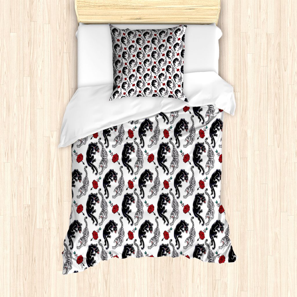 ABAKUHAUS Romantisch Bettbezug Set für Einzelbetten, Tigers Leidenschaft Theme, Milbensicher Allergiker geeignet mit Kissenbezug, 135 cm x 200 cm ...
