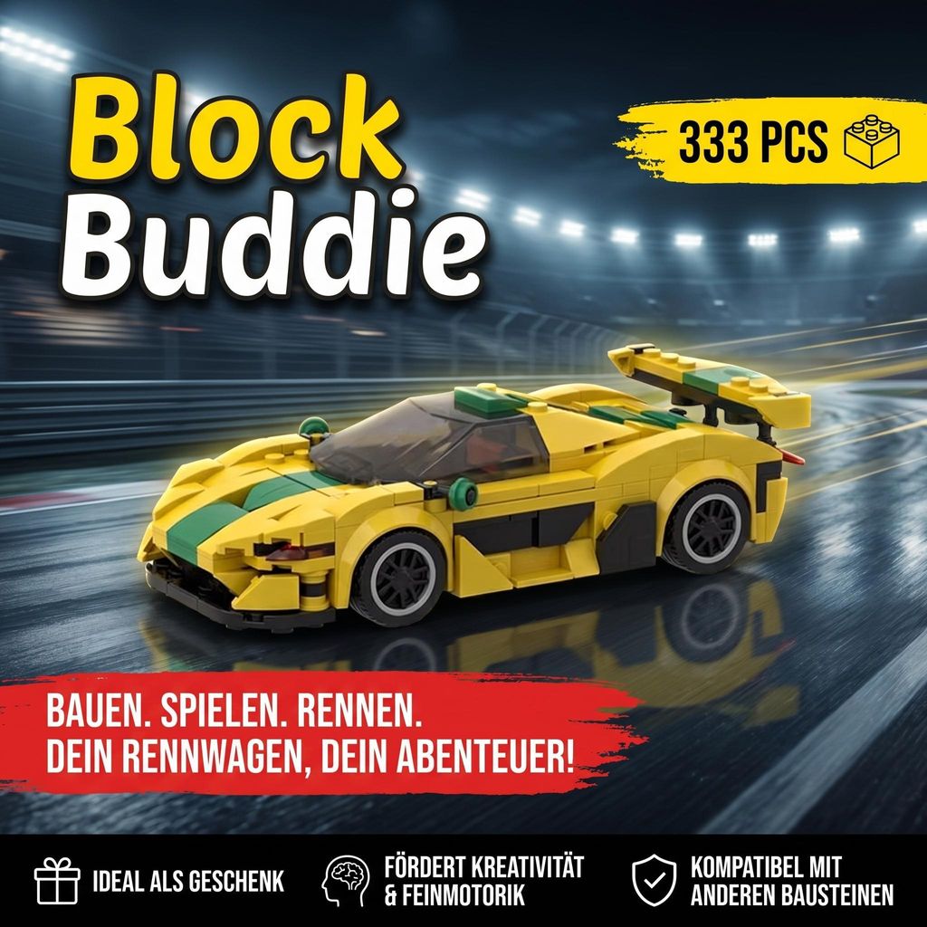BlockBuddie™ P1 GTR Gelb inspiriertes Klemmbaustein Auto Produktbild 