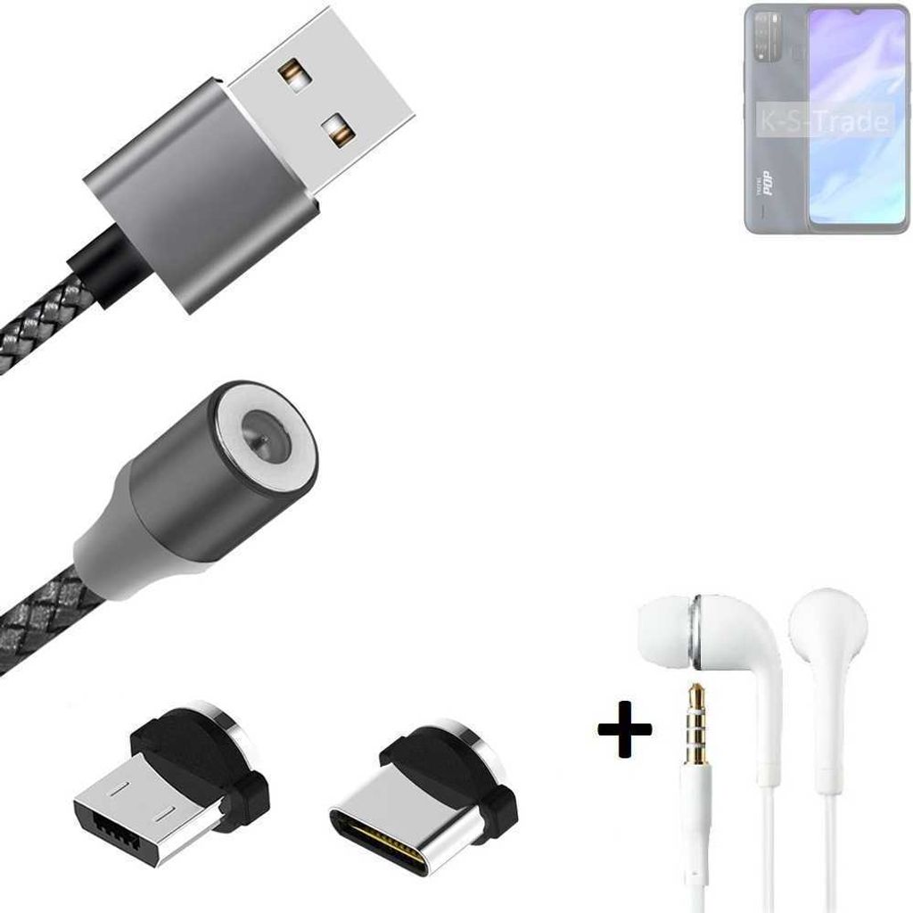 K-S-Trade Hochwertiges Magnet-Lade-kabel Sync-Kabel Daten-Kabel + Kopfhörer für Tecno Pop 5X mit USB-Typ-C-Anschluss und Micro-USB-Anschluss 2A
