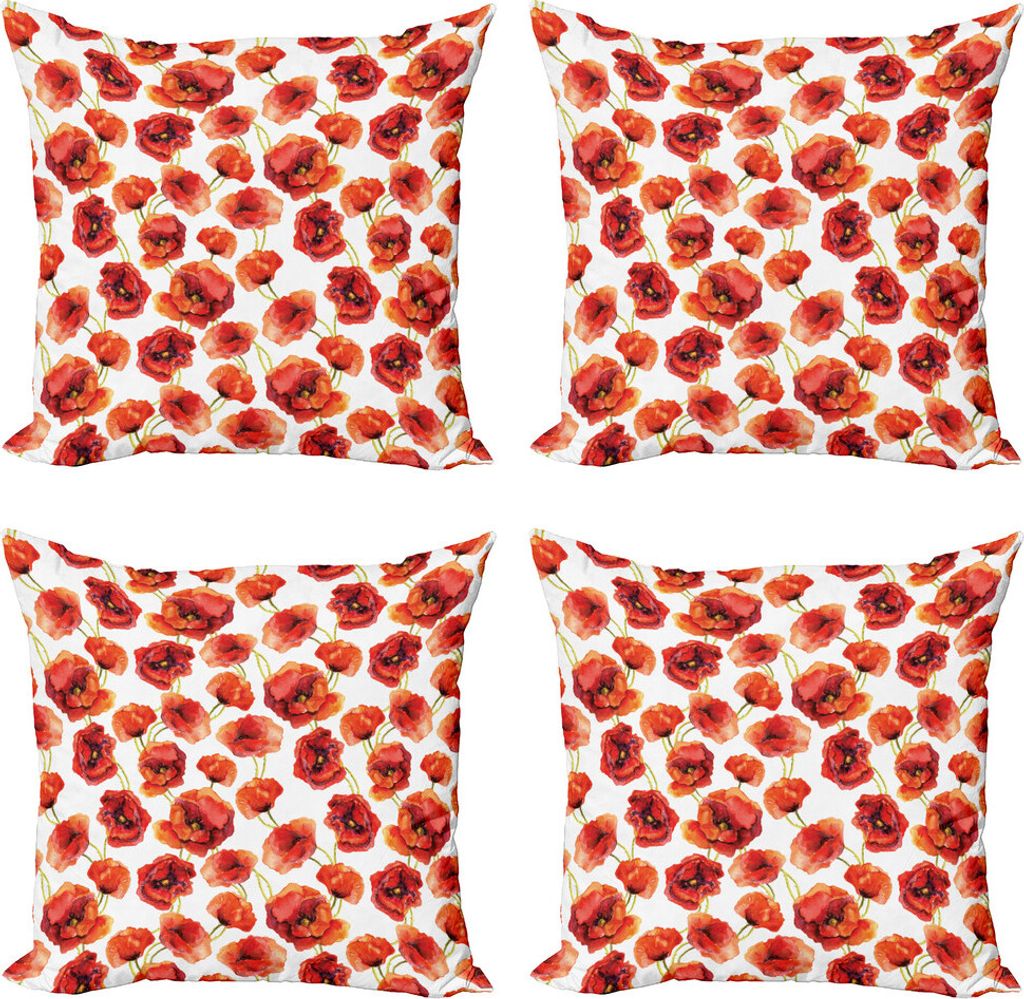 ABAKUHAUS Blume Kissenbezug Set (4 Stück), Poppies Garden Floral, Moderner Doppelseitiger Digitaldruck, 45 cm x 45 cm, Red Scarlet und Weiß