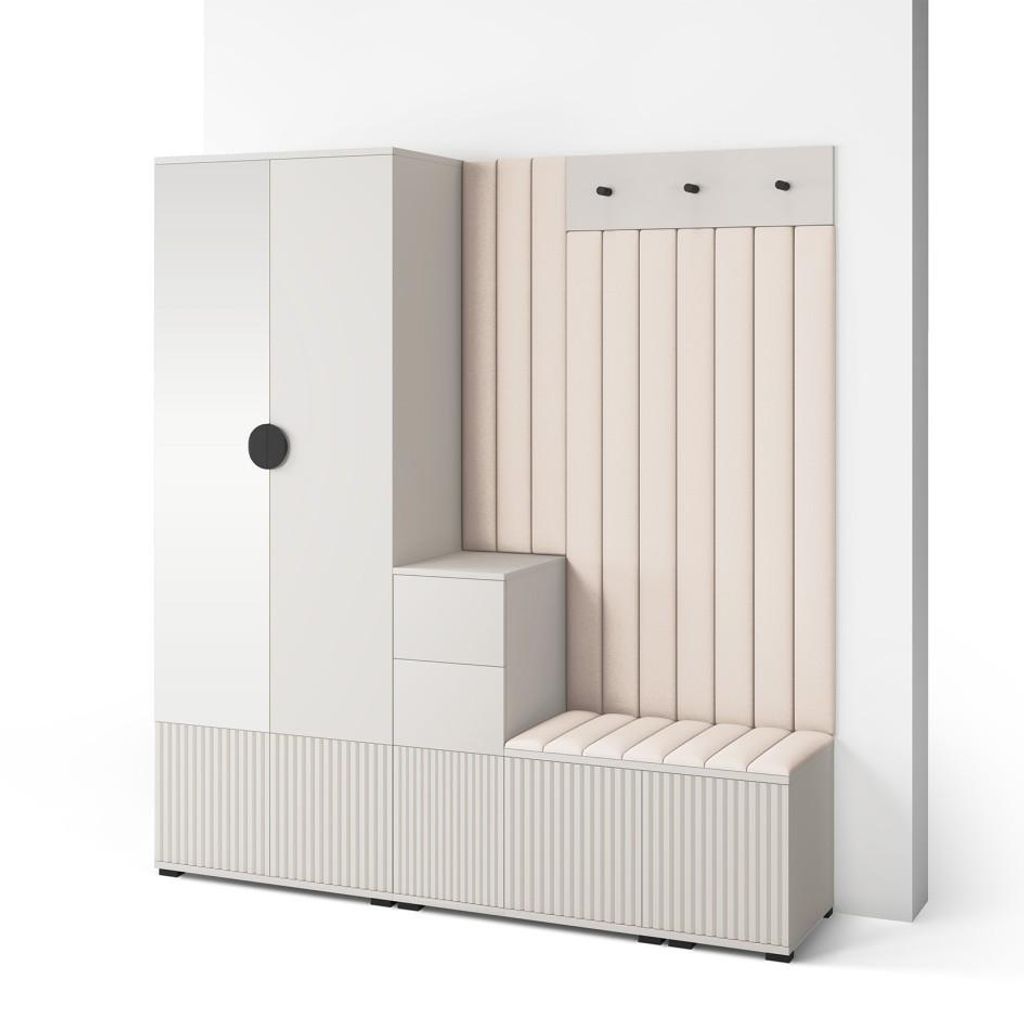 Garderoben-Set Ritmo version 7 – gefräste Kleiderschrank mit Polsterplatten, Schuhschrank, für Flur und Eingangsbereich (Cashmere, Trinity 01)