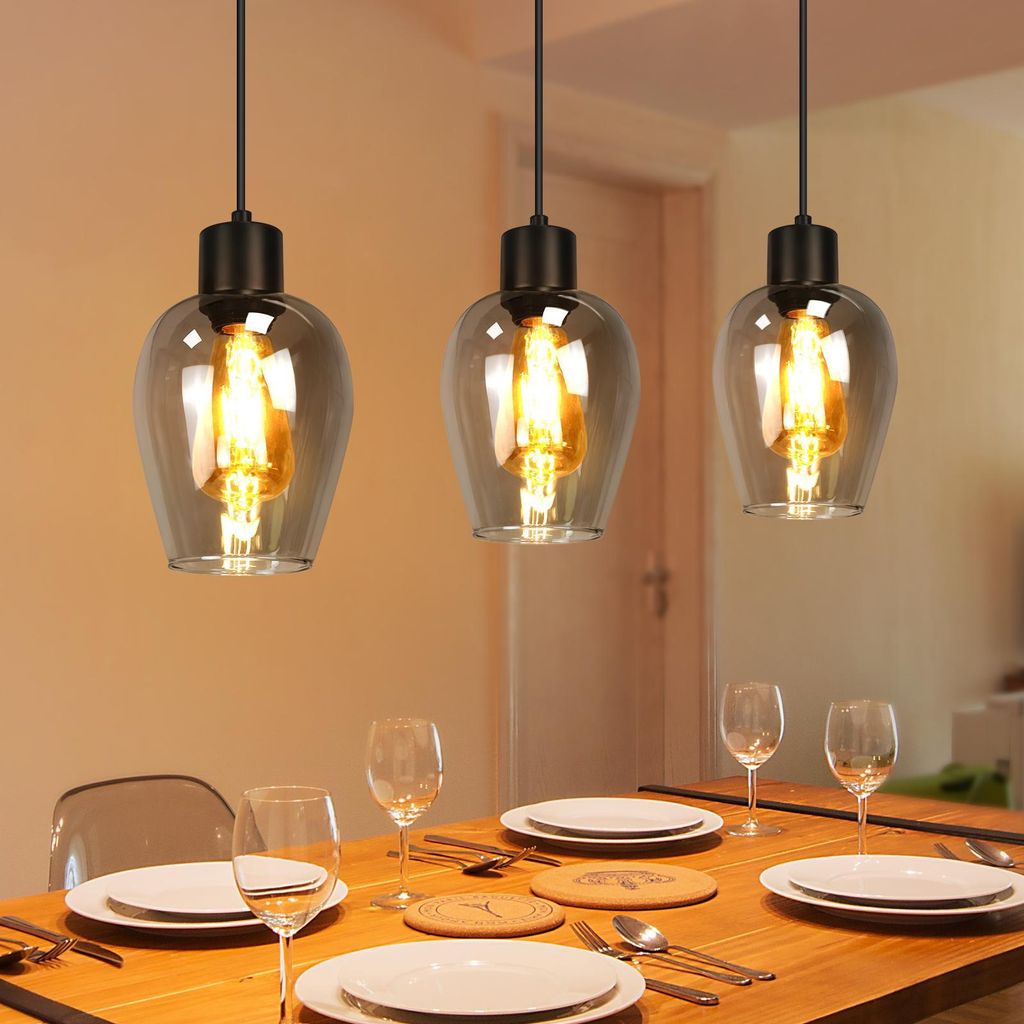 ZMH Hängelampe Schwarz Pendelleuchte 3 Flammig - Vintage Hängeleuchte Esstisch E27 Küchenlampe Hängend Retro Rauchglas für Esszimmer Hotel Tre...