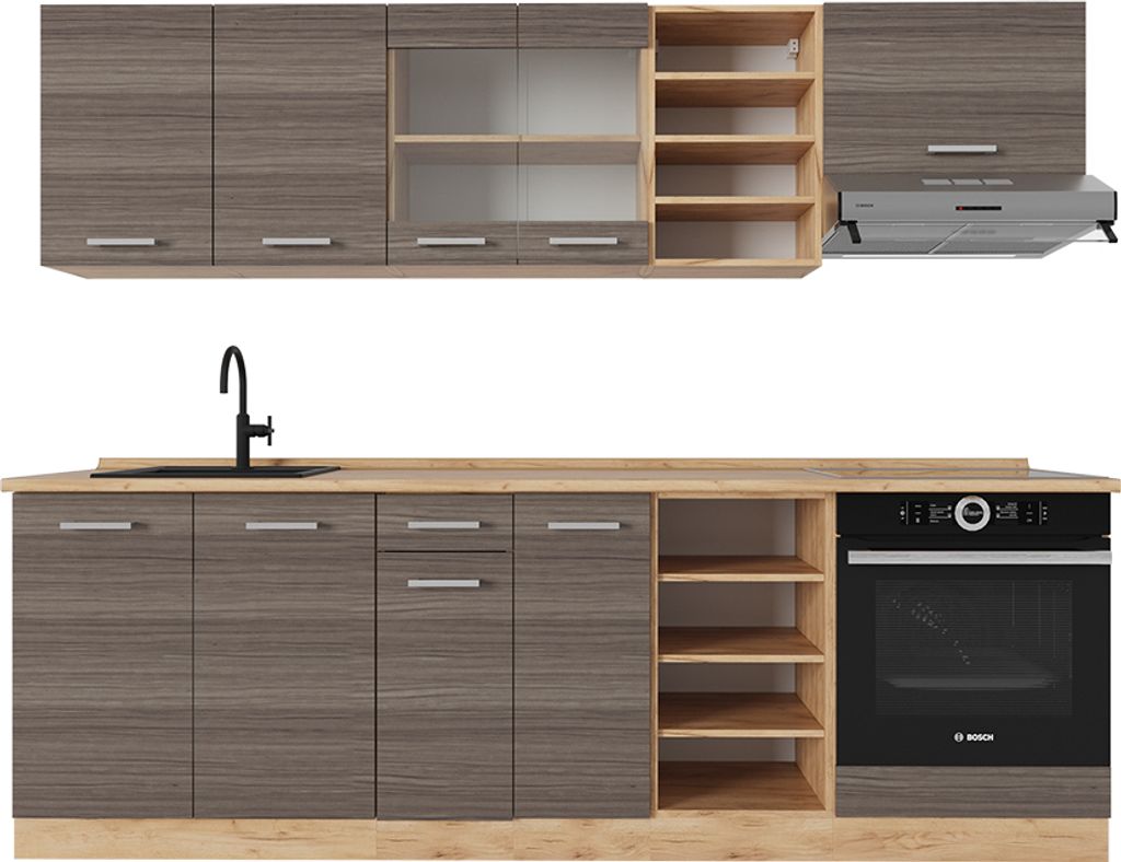 Küchenzeile Vicco R-Line Edelgrau/Goldkraft Eiche 240 cm ohne Arbeitsplatte, Model 53939