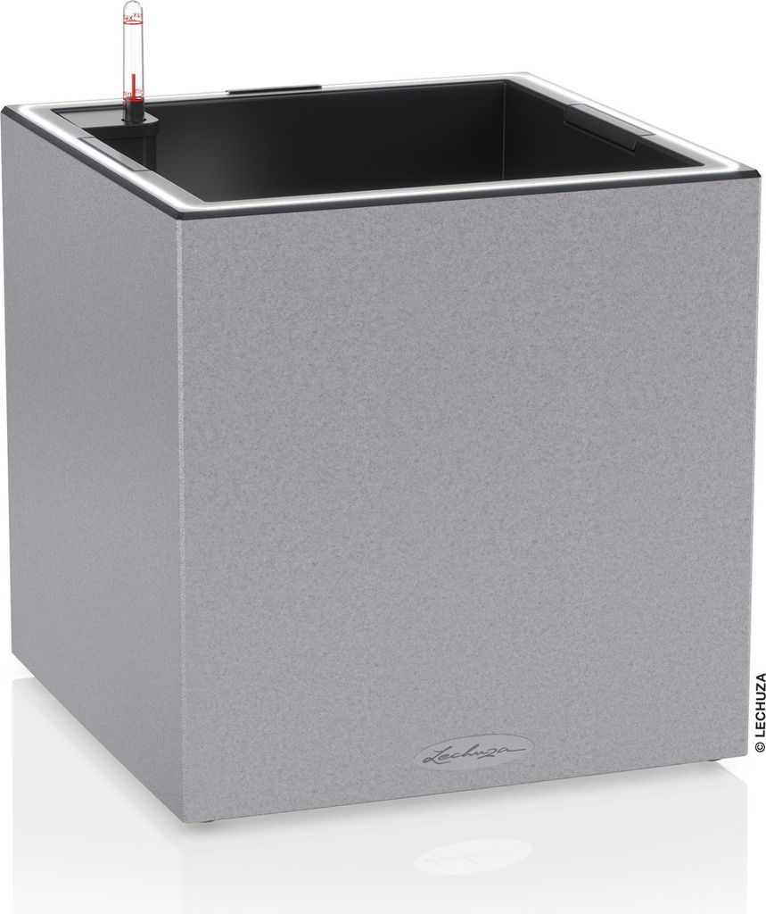 LECHUZA-Pflanzgefäß CANTO Stone 40 LED Low Steingrau | mit Bewässerung und Pflanzeinsatz mit LED-Lichtband | Naturstein-Optik |40 x 40 x 40 cm |...
