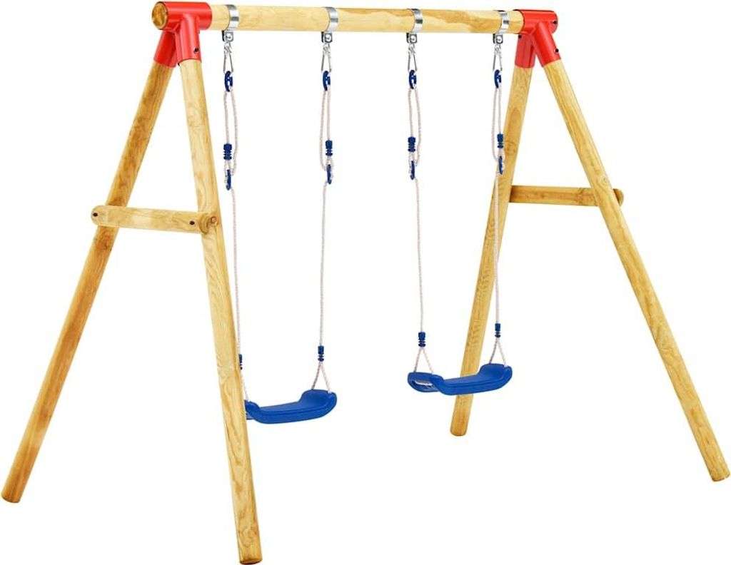 A wooden swing set with two blue seats against a white background.