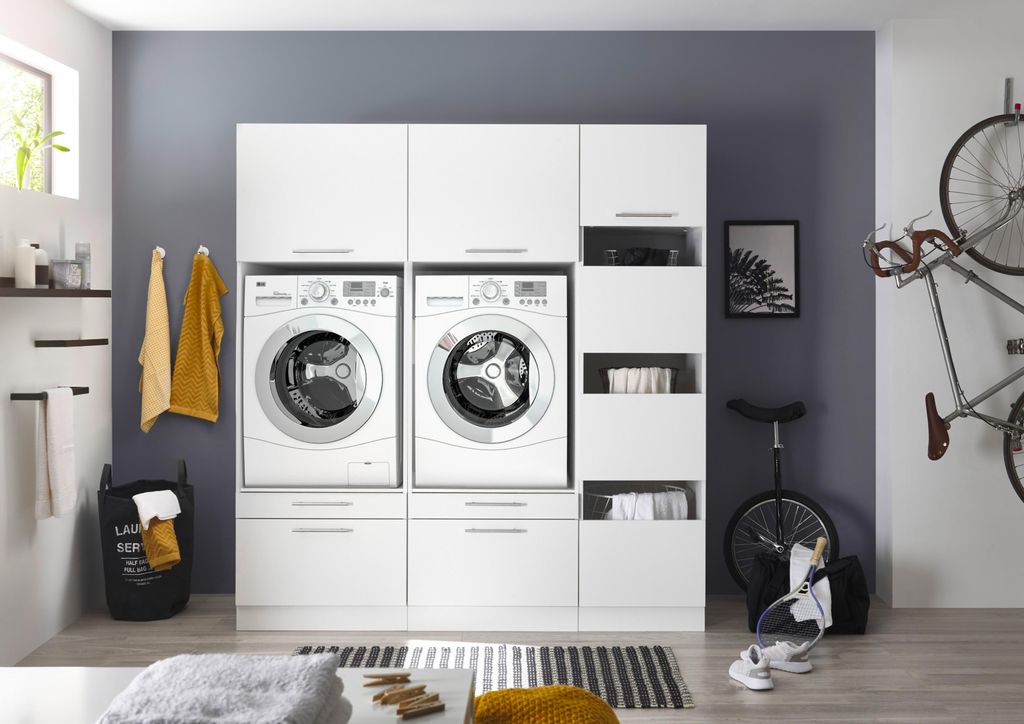 Waschmaschinenschrank Trockner Schrank Wäscheschrank 185 cm Weiß Clara Respekta