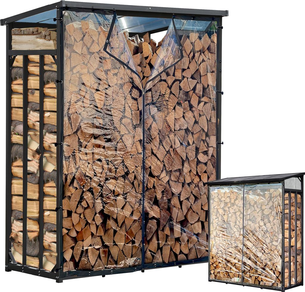 Metall Kaminholzregal Außen 130 x 70 x 185 cm Mit Wetterschutz Transparent, Pro - 40 mm Stahlprofil, Anthrazit, Wetterfest, Kapazität 1,6 m³ (2,...