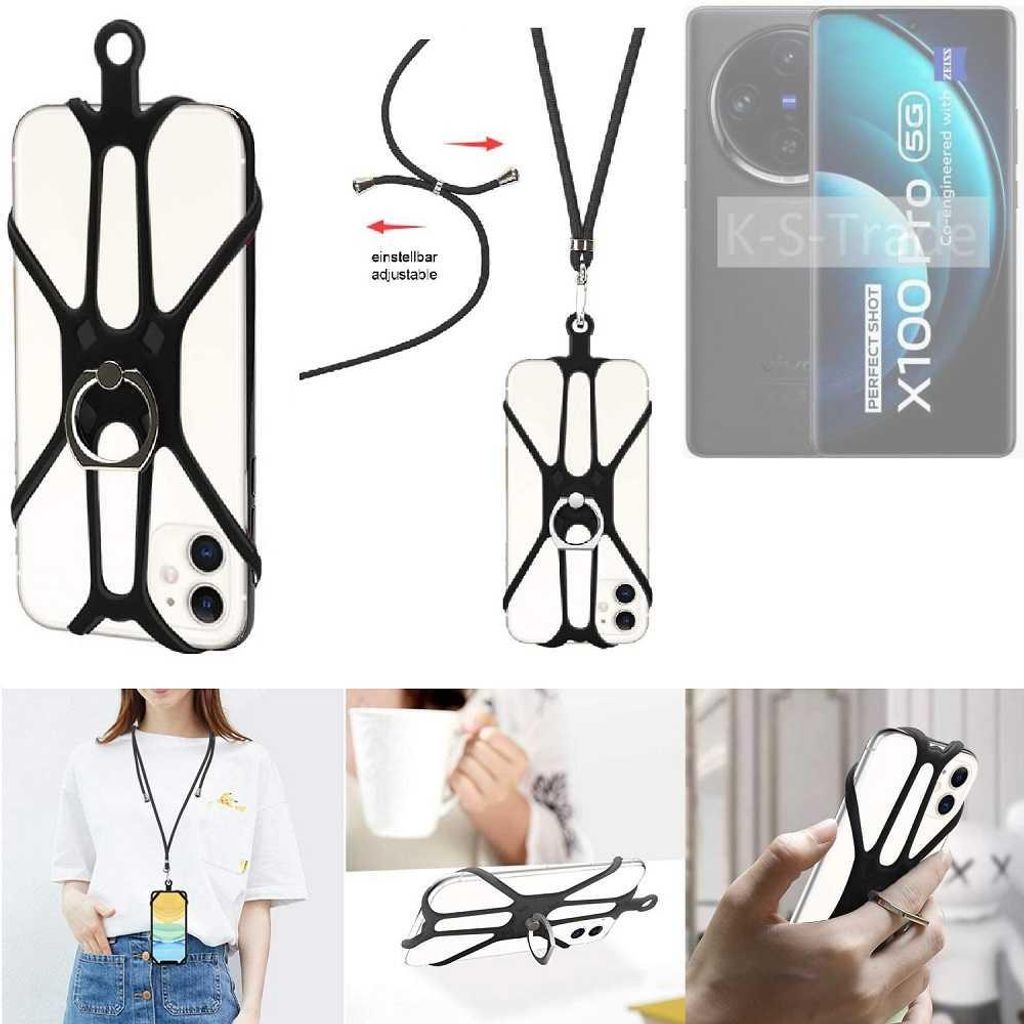 K-S-Trade 3in1 Handykette Handyband Handykordel Halsband Smartphone-Ring Handy-Ring kompatibel mit Vivo X100 Pro Fingerhalterung Handyring