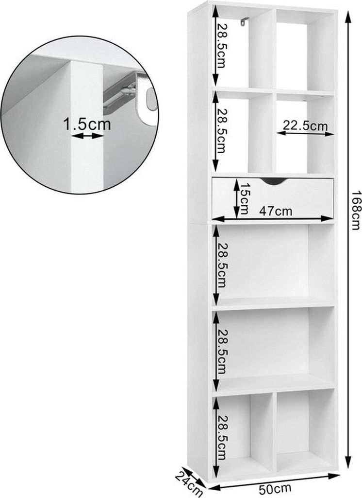 Bolt Edge Offenes Bücherregal – 9 Fächer – 1 Schublade – Weiß – Holz – 50x24x168cm