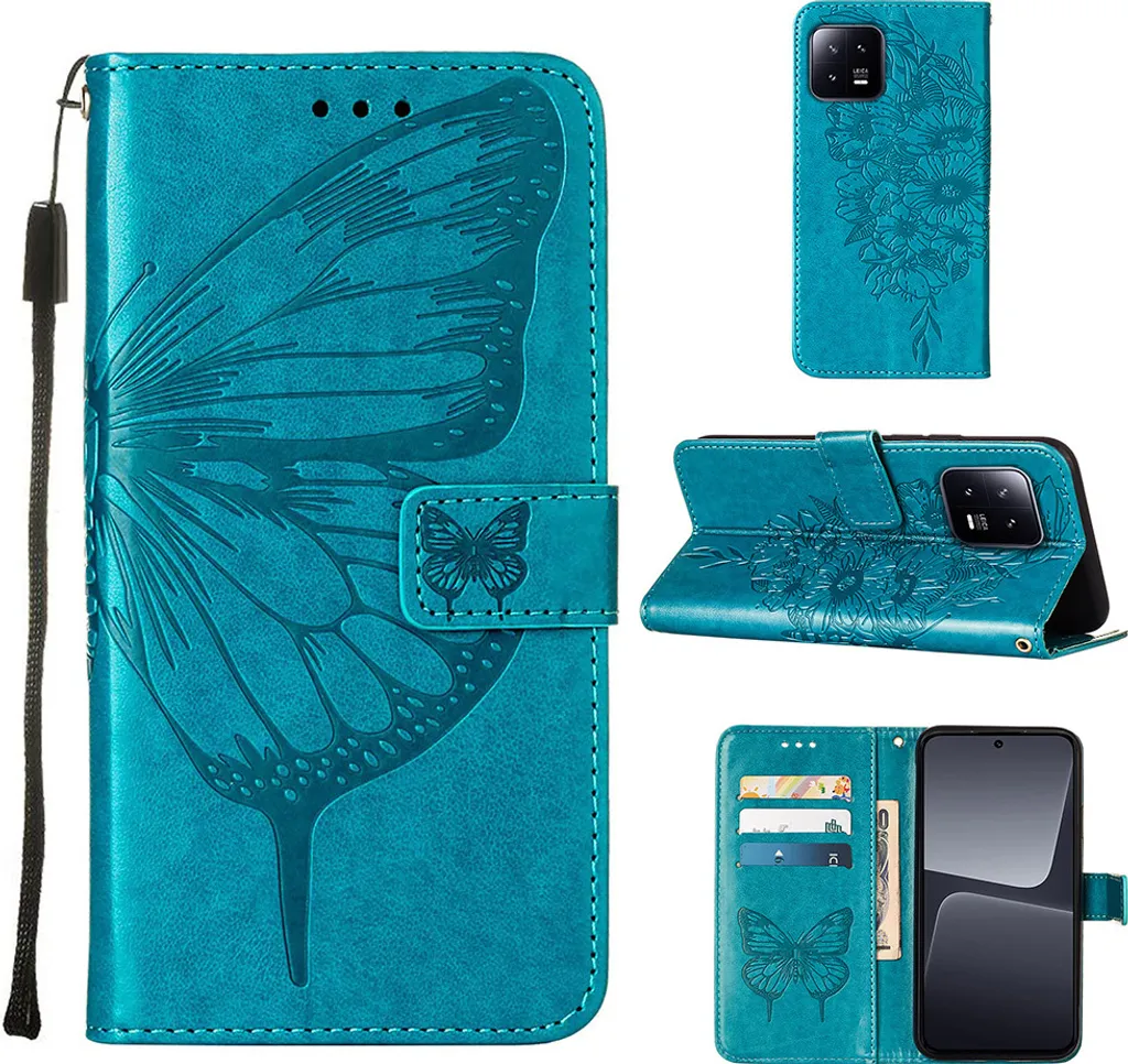Xiaomi 13 Cover Farfalla Blu: Custodia a Libro 3-in-1 Pelle e Stand