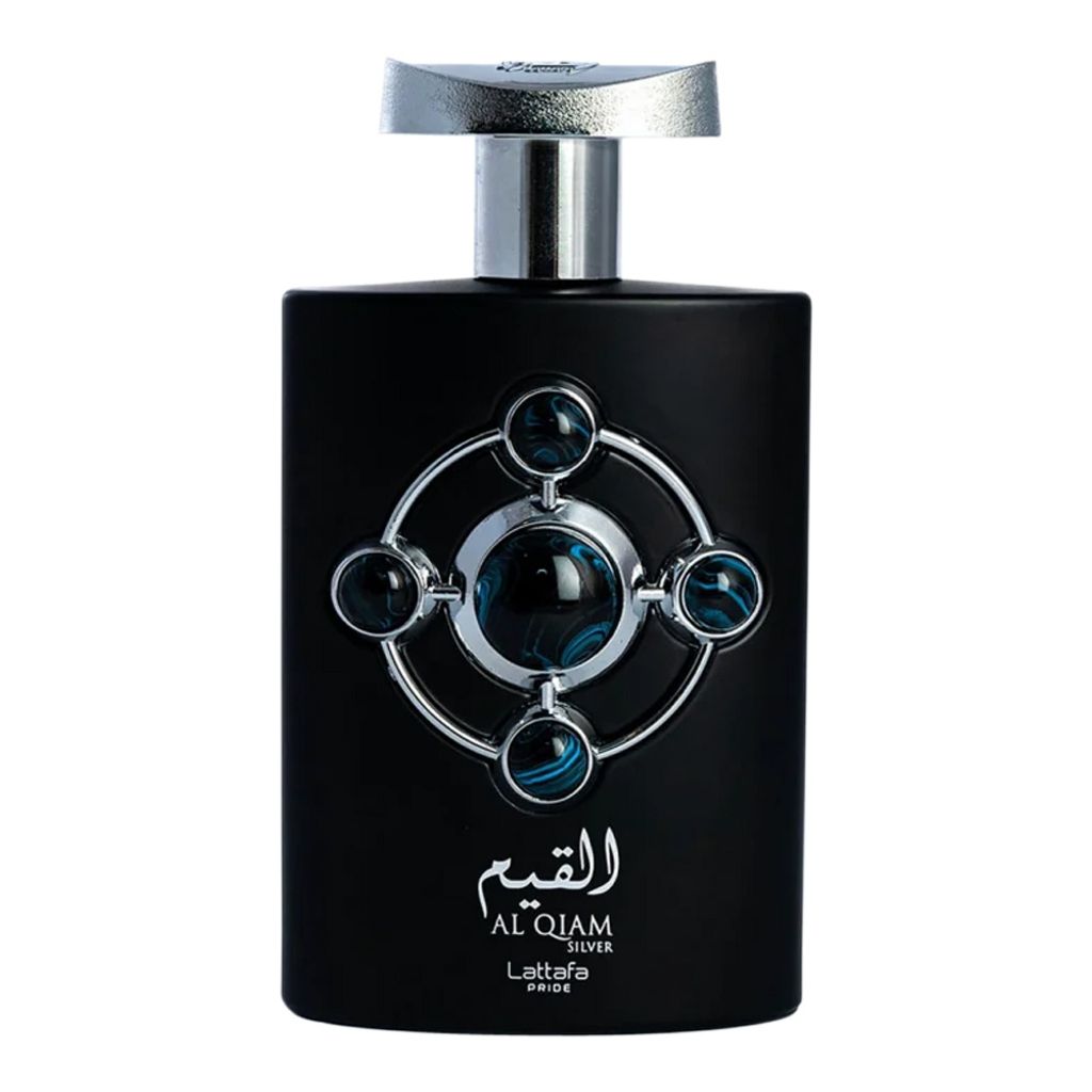 A black perfume bottle with silver and blue accents.