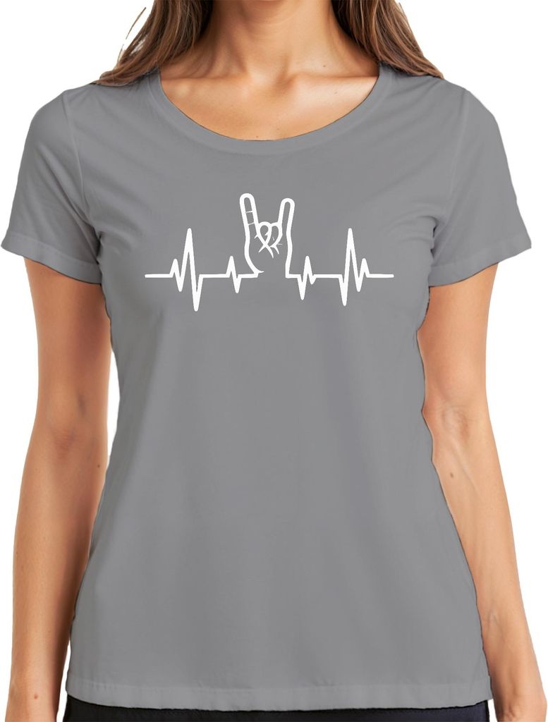 Herzschlag EKG Rock Handzeichen Metal Konzert Musiker Heavy Metal Damen T-Shirt, Grau, XL