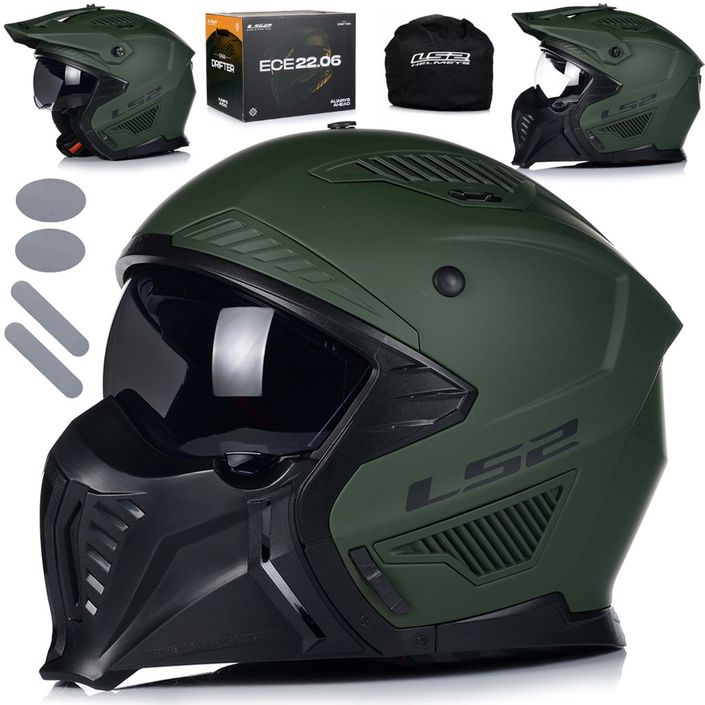 A collage of images showing a green modular motorcycle helmet and its accessories.