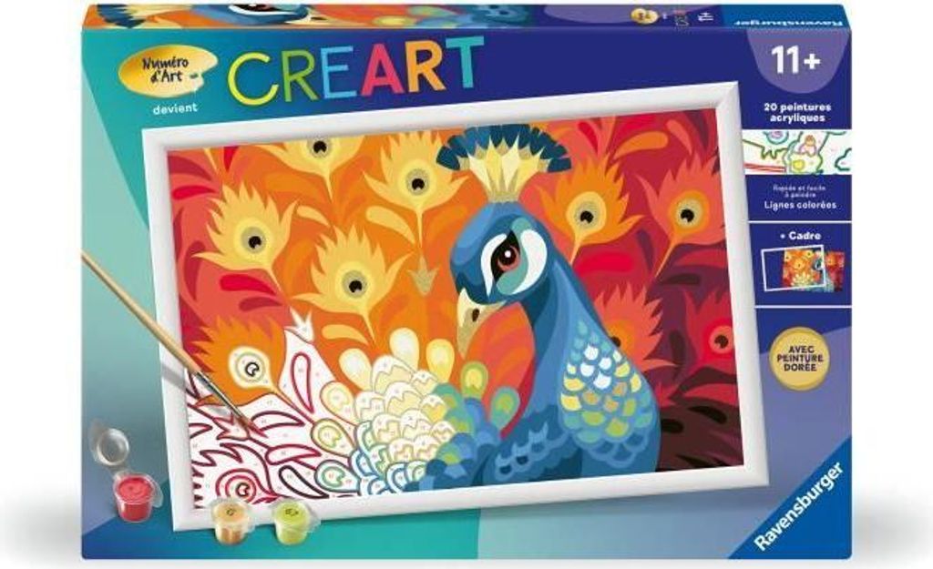 Malen nach Zahlen Set CreArt Kids Paon, 31x21cm, Ab 9 Jahren, Ravensburger 25907, Mit Rahmen, Inklusive Farben und Pinsel