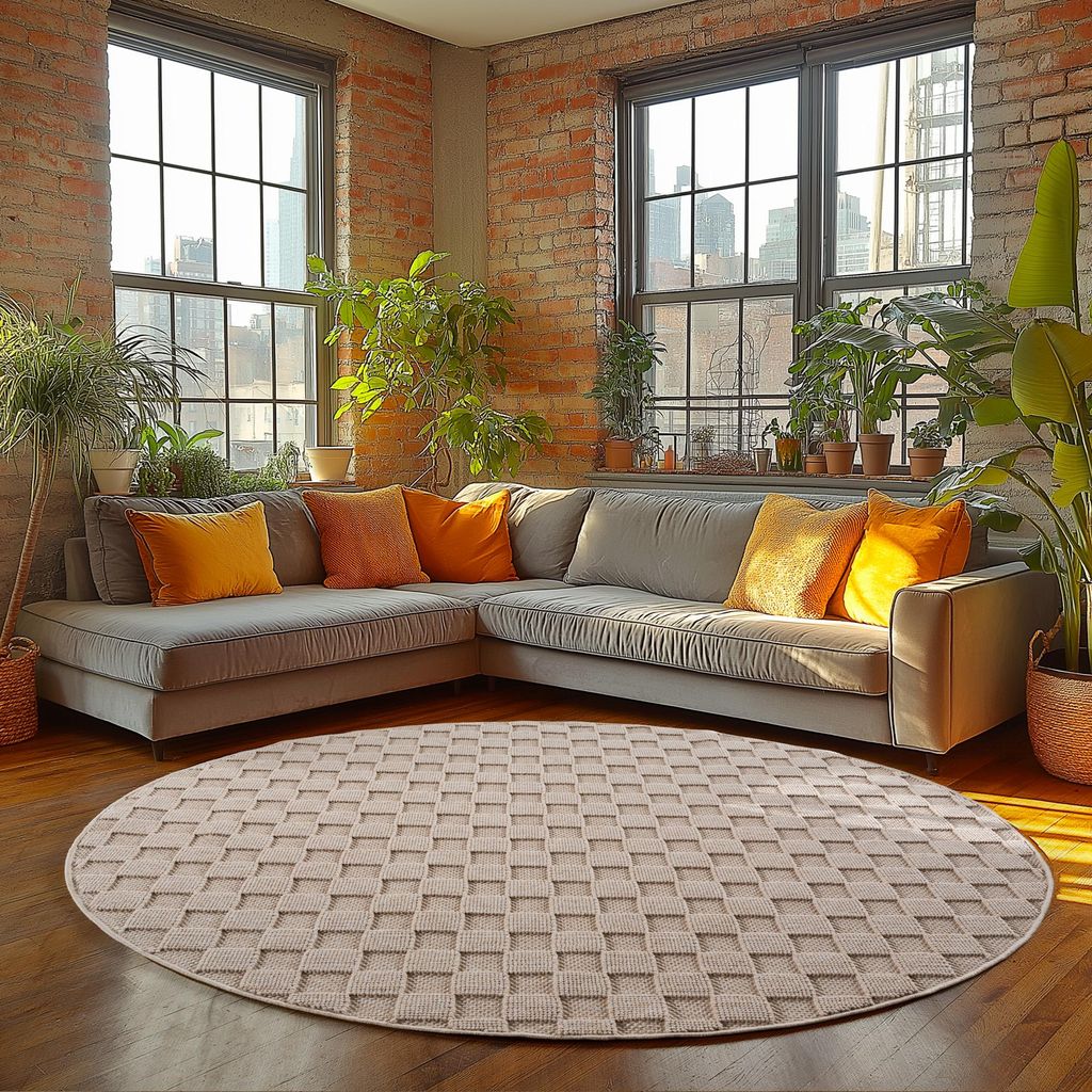 Homebyhome Teppich Wohnzimmer Bouclé Schlingenflor Skandi Stil Karo Design Robust Superweich für Schlafzimmer, Grösse: 160 cm Rund
