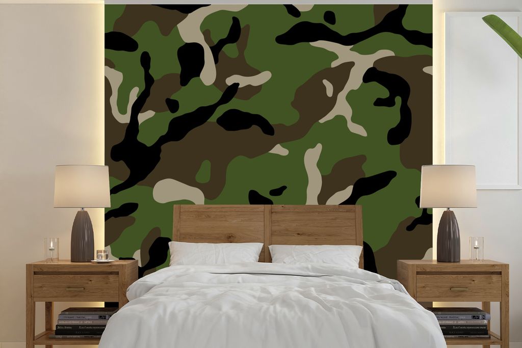 MuchoWow Fototapete für Wohnzimmer oder Schlafzimmer Wandtapete Vinyl Motivtapete Militärisches Tarnungsmuster - 300x300 cm - Wanddekoration