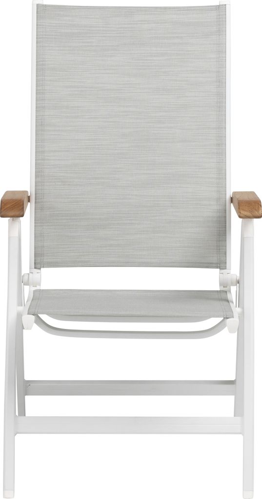 A front view of a white outdoor chair with light gray fabric and wooden armrests.