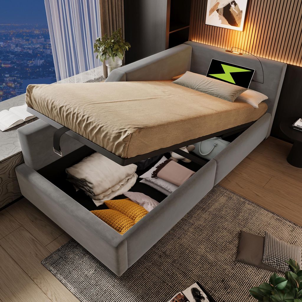 Merax Tagesbett Polsterbett 90x190cm mit Leselicht, Daybett Kinderbett mit hydraulischem Stauraum, USB Type-C, Schlafsofa Jugendbett aus Samt, Grau
