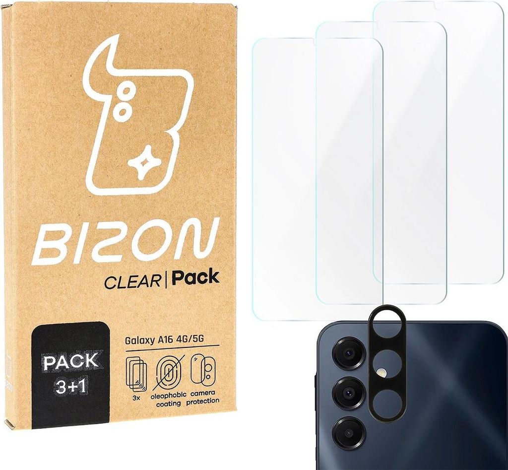 A product package for screen protectors and camera protectors for a Samsung Galaxy A16 4G/5G, with a sample of the product shown.