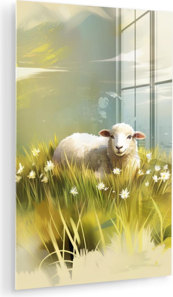 MuchoWow Glasbilder - Bilder auf Wandbild - Foto auf Glas Schafe - Wiese - Grün 20x30 cm Wanddekoration aus Glas - Acrylglasbild - Acrylbilder - A...
