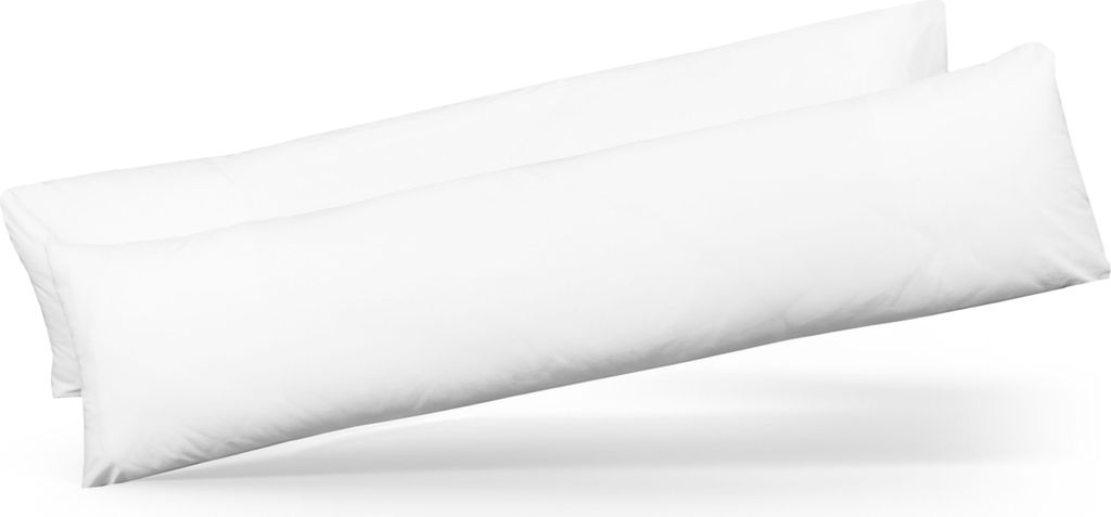 Two white body pillows are shown diagonally on a white background.