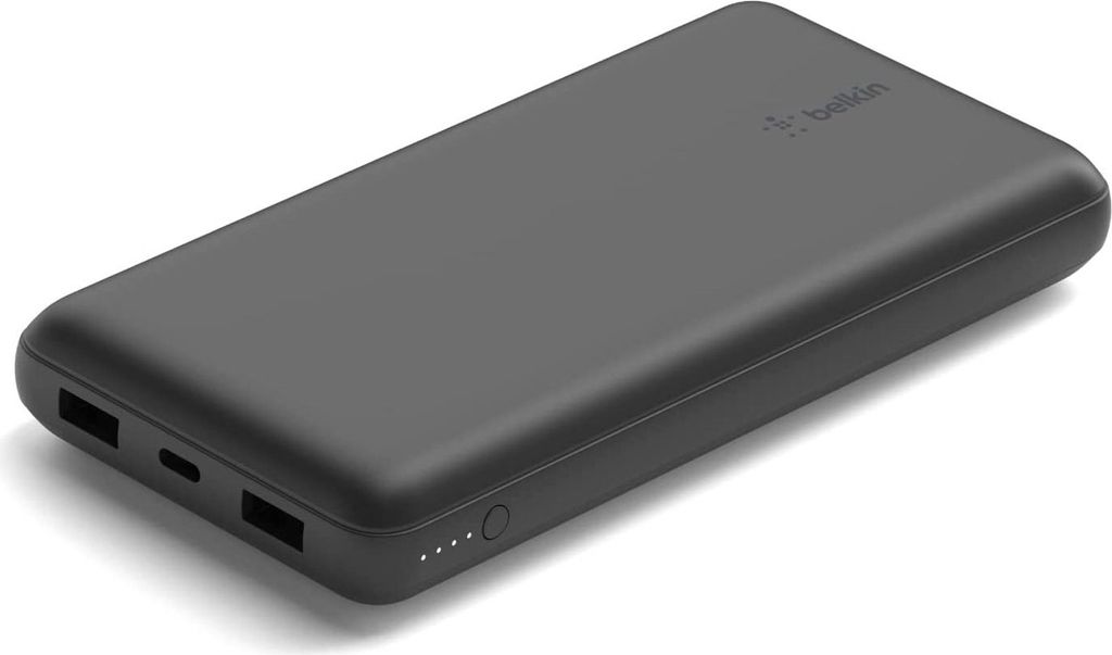 A dark gray Belkin power bank is shown from a diagonal angle on a white background.