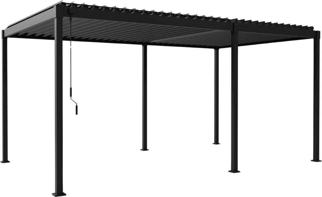 A black metal pergola with a slatted roof and a crank mechanism on a white background.