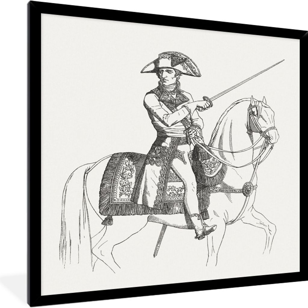 MuchoWow Gerahmtes Poster Illustration von Napoleon Bonaparte auf einem Pferd mit einem weißen Hintergrund 30x40 cm - Poster mit Schwarzem Bilde...