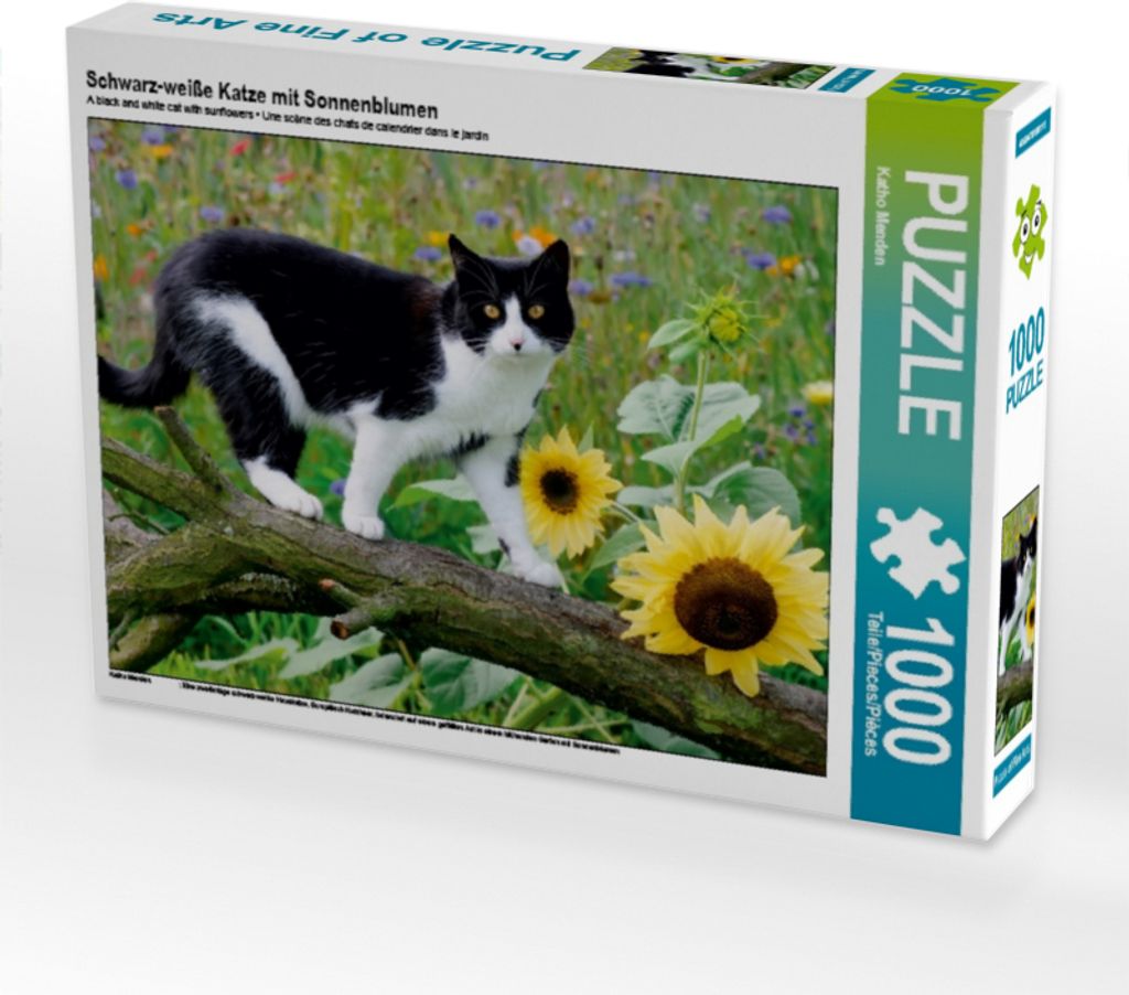 Calvendo Schwarz-weiße Katze mit Sonnenblumen 1000 Teile Puzzle quer 640x480mm, Menden Katho; 7396471