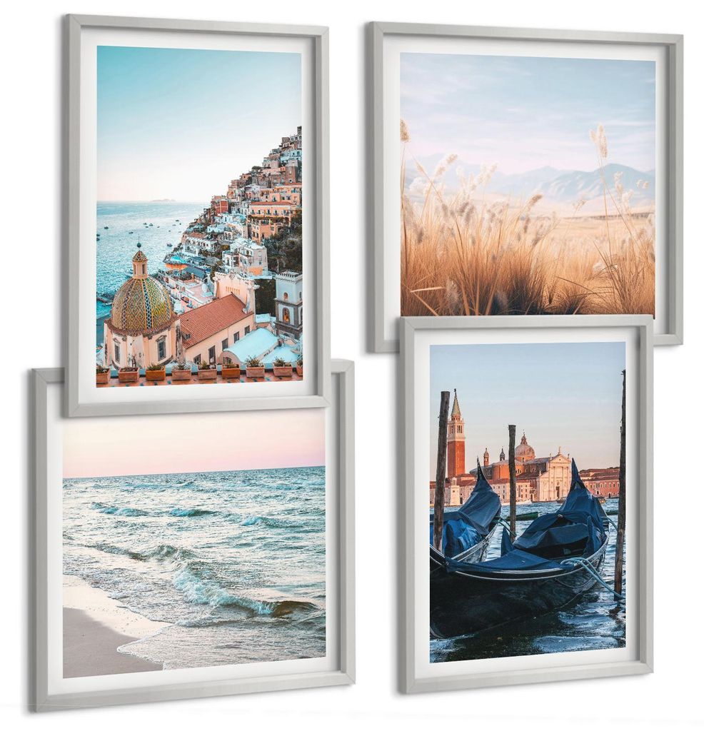 Bilder Set 4-teilig im silbergerahmten Rahmen – Wandbilder 4 Stück – gerahmte Poster für Wohnzimmer, Schlafzimmer und Flur – 50x50 cm - 40x...