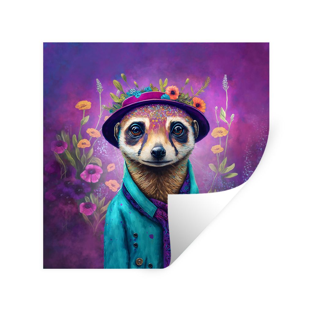 MuchoWow Wandtattoo Wandsticker Wandaufkleber Erdmännchen - Blumen - Farbe - Lila - Porträt - Erdmännchen 100x100 cm Selbstklebend und Reposit...