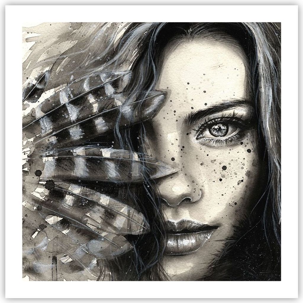 Poster - Poster ohne Rahmen - Frau Federn Lippen Kunst. - 60x60 cm - Wand Bild - Wanddeko - Wandbilder - Kunstposter - Wandposter - Bilder - Kunstd...