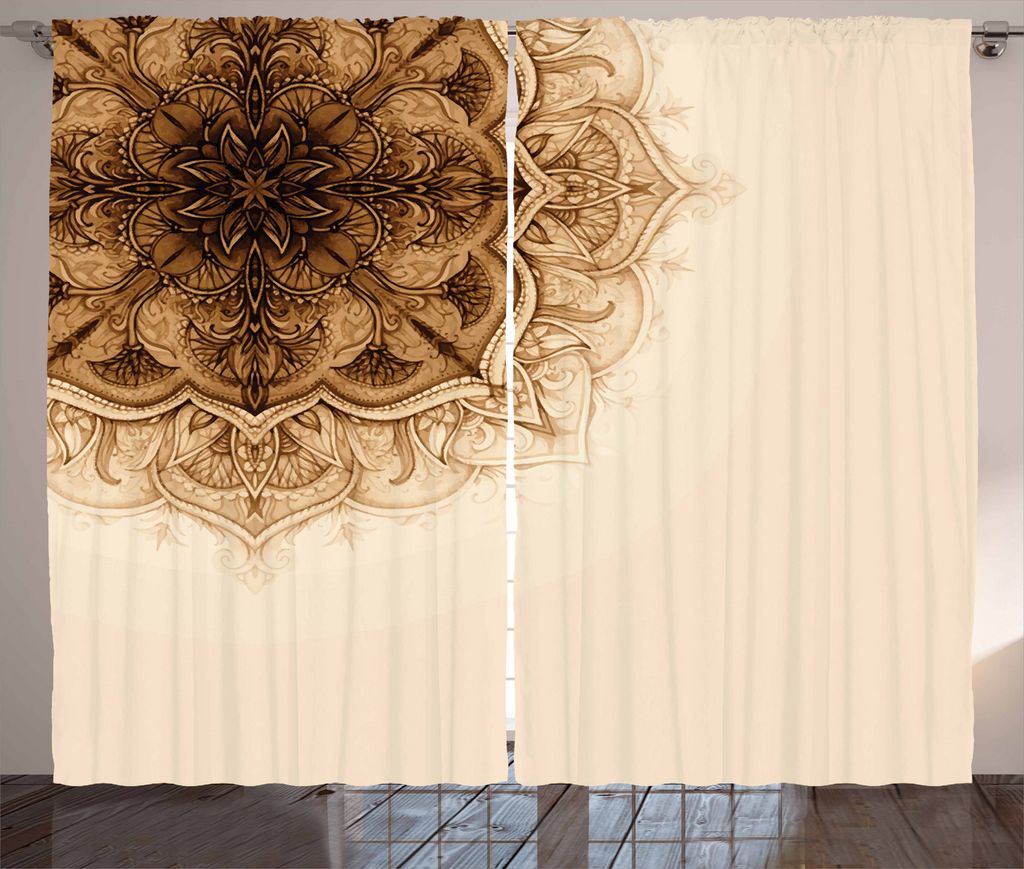 ABAKUHAUS Henna Rustikaler Vorhang, Oriental Mandala Illustration, Wohnzimmer Universalband Gardinen mit Schlaufen und Haken, 280 x 175 cm, Brown Tan