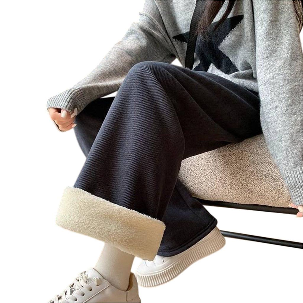 Thermohose Damen Winter Gefüttert, Weites Bein Fleece Freizeithose in Übergröße, Dunkelgrau Größe 2XL