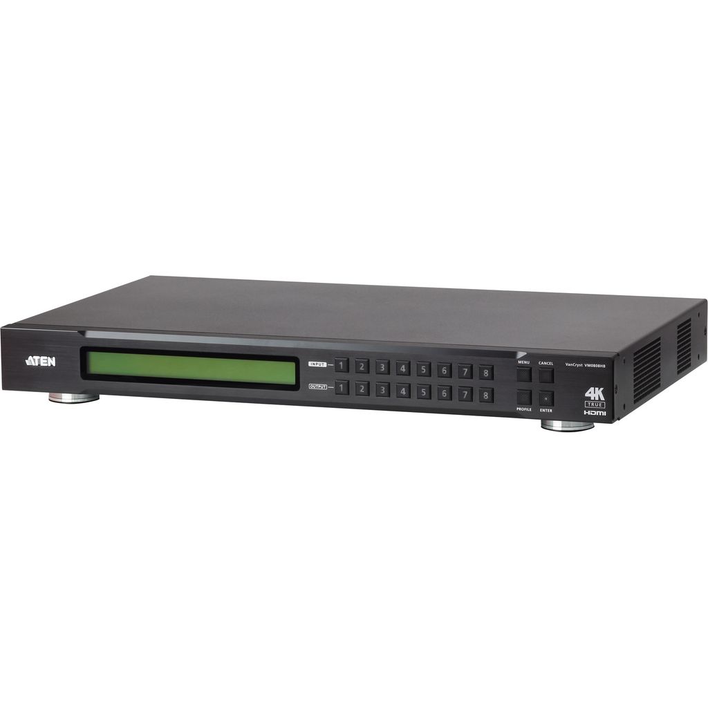 A black ATEN VM0808HB Video-Matrix-Switch HDMI 8x8 Umschalter, True 4K, UHD is shown on a white background.