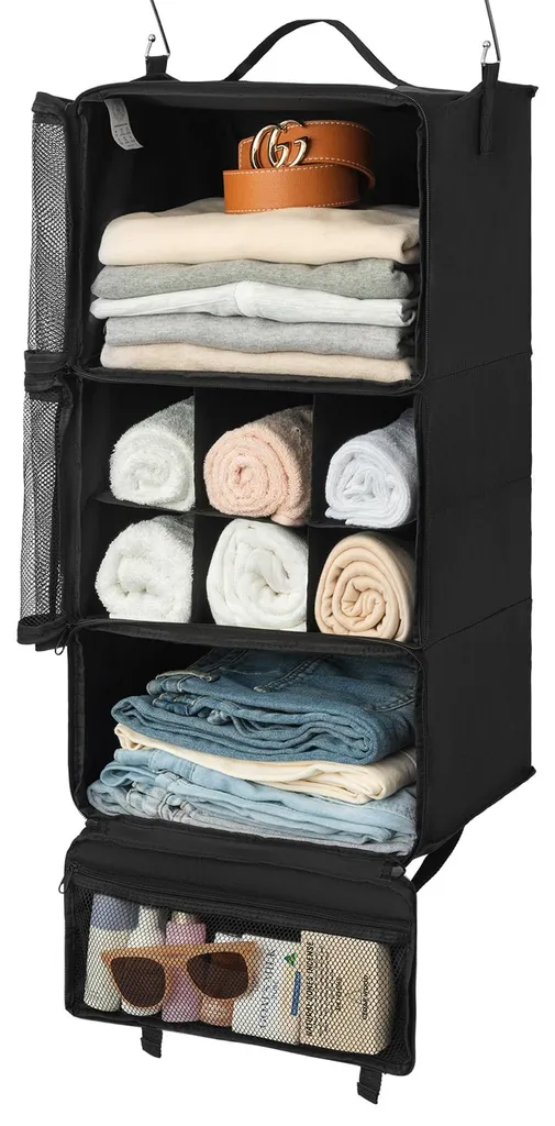 Organiseur de penderie suspendu pliable avec 3 zones de rangement noir
