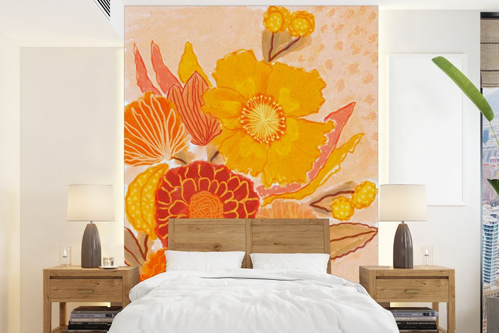 MuchoWow Fototapete für Wohnzimmer oder Schlafzimmer Wandtapete Vinyl Motivtapete Vintage - Blumenstrauß - Blumen - Gelb - Farben - 165x220 cm ...