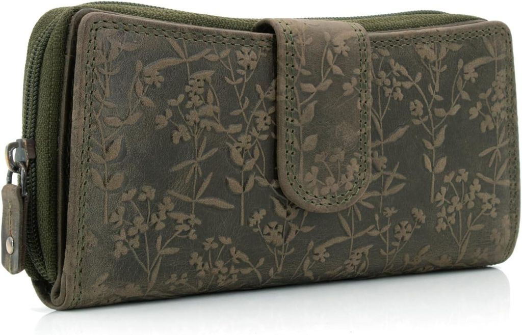 Damen Portemonnaie XL aus Echtleder mit RFID-Schutz – mit Blumenmotiv, viel Platz für Karten & Münzen – Elegante Große Brieftasche für Allt...