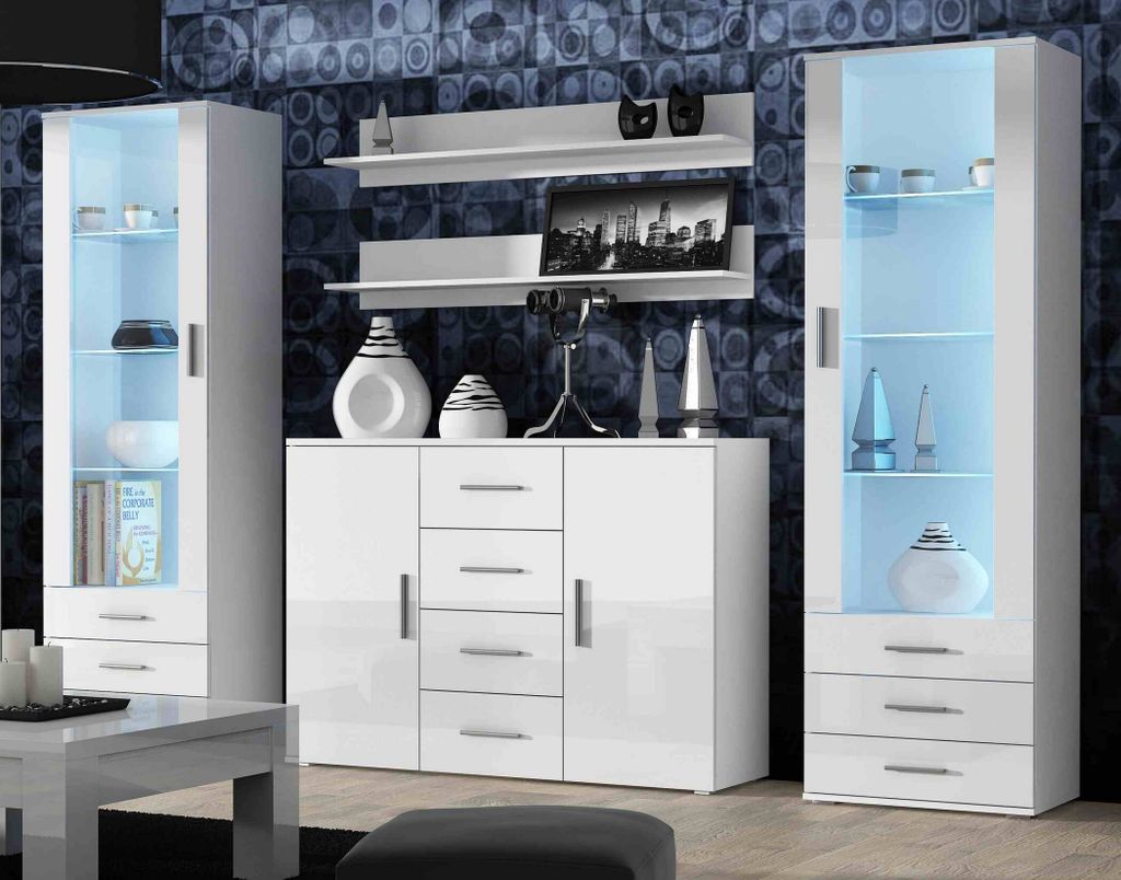 Furniture24 Wohnwand SOHO 3 mit Blauer LED Beleuchtung, Anbauwand, Wohnzimmerschrank, Schrankwand, Vitrine, Sideboard, Hängeregal Weiß/Weiß Hoch...