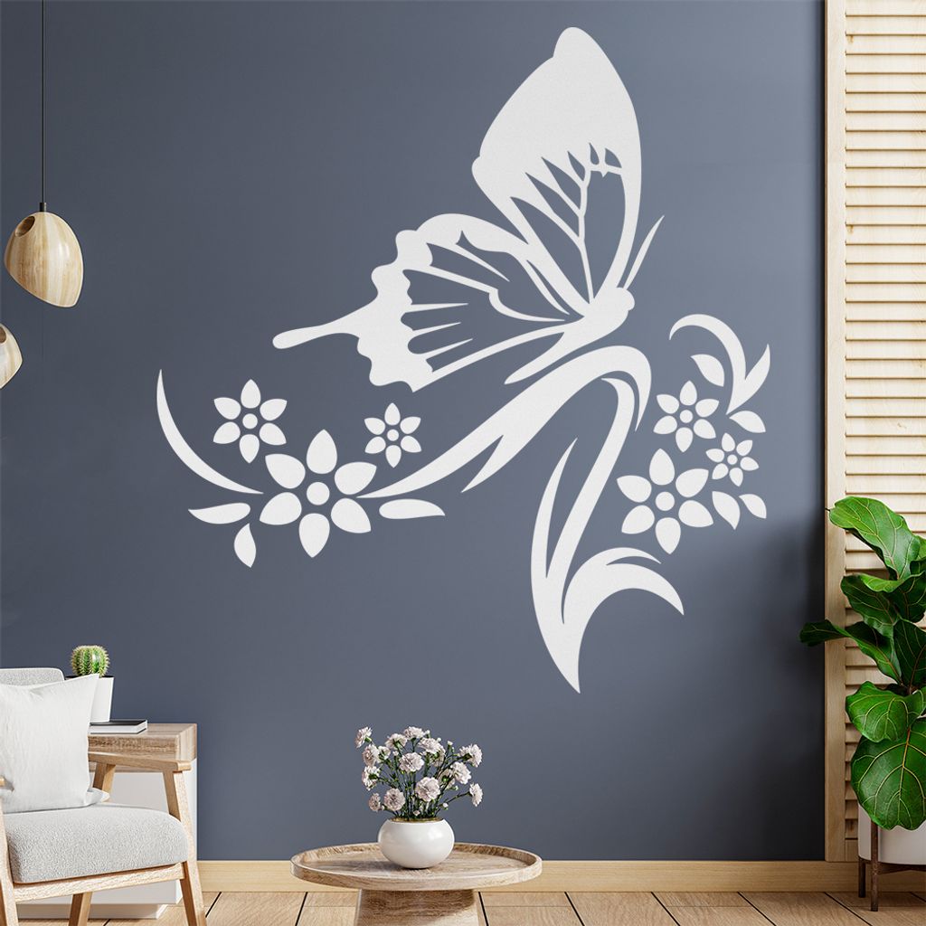 Großer Falter Blüten Wandtattoo in 6 Größen - Wandaufkleber Wall Sticker - Dekoration, Küche, Wohnzimmer, Schlafzimmer, Badezimmer