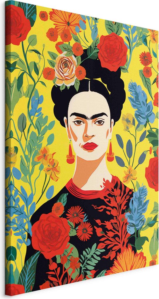 Wandbilder XXL Frida Kahlo 60x90 cm 1 tlg Wand Deko Leinwand Bilder Groß Wohnzimmer Gelber Blumenhintergrund Frau Porträt Abstraktion h-H-10061-b-a