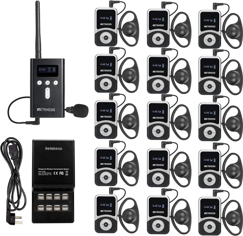 Retekess T130S Upgrade Tour Guide Audio System, Audio Whisper Tour Guide Headest Equipment, 49 Kanäle, mit TT002 16 Slot Ladeleiste, für Reisen F...