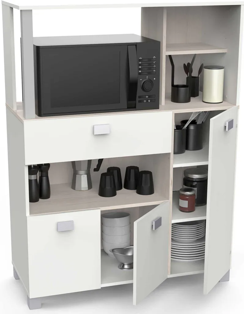 Aménager une petite cuisine avec le meuble micro-ondes Basiel blanc mat