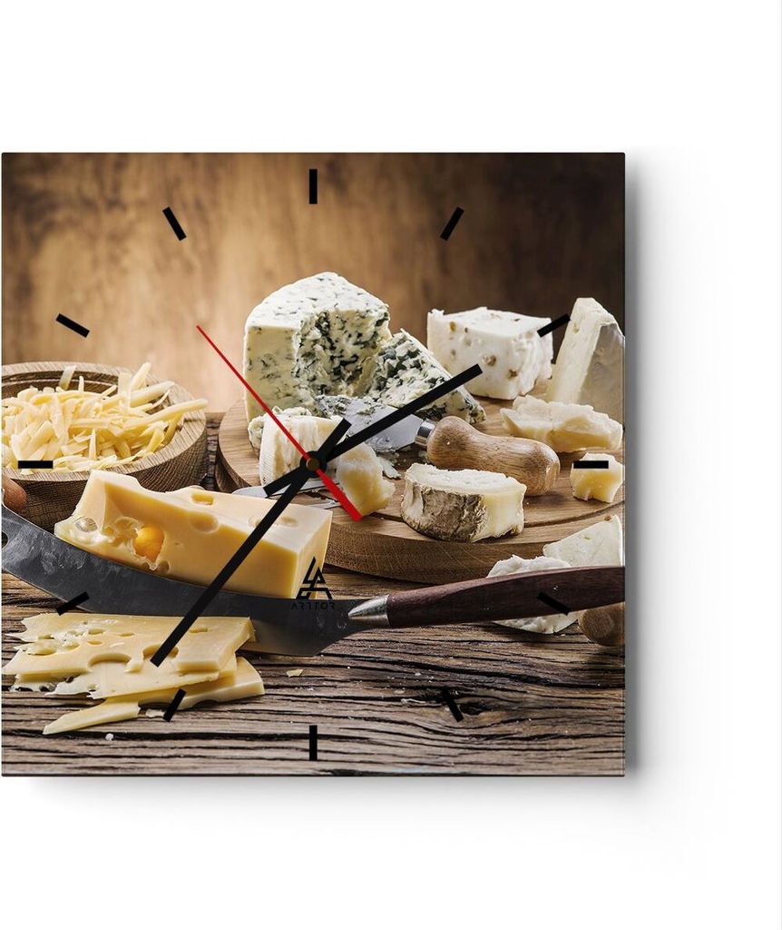 Wanduhr - Quadrat - Glasuhr - Käse Schreibtisch Essen Essen - 30x30cm - Schleichendes Uhrwerk - Lautlos - zum Aufhängen bereit - Dekoration Moder...