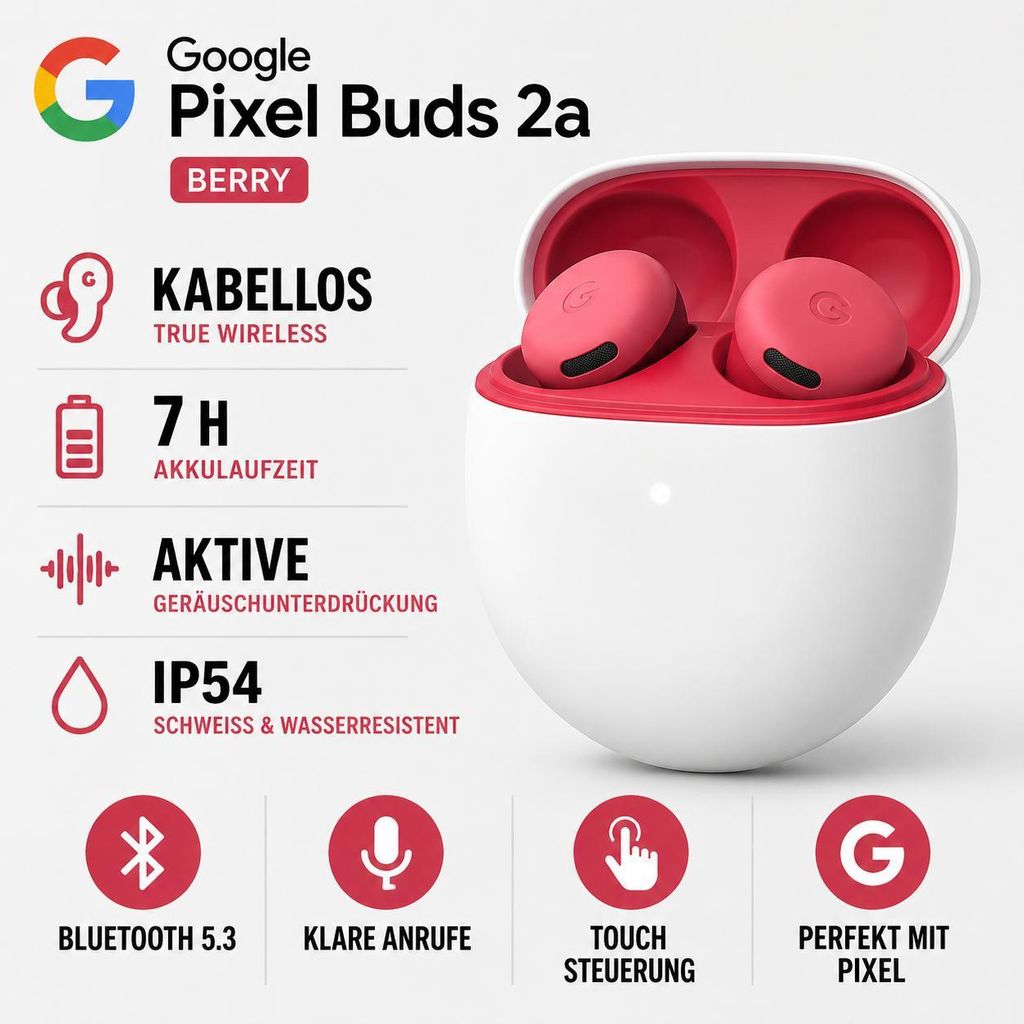 Google Pixel Buds 2a True Wireless Earbuds Raspberry Red, GA09845-EU