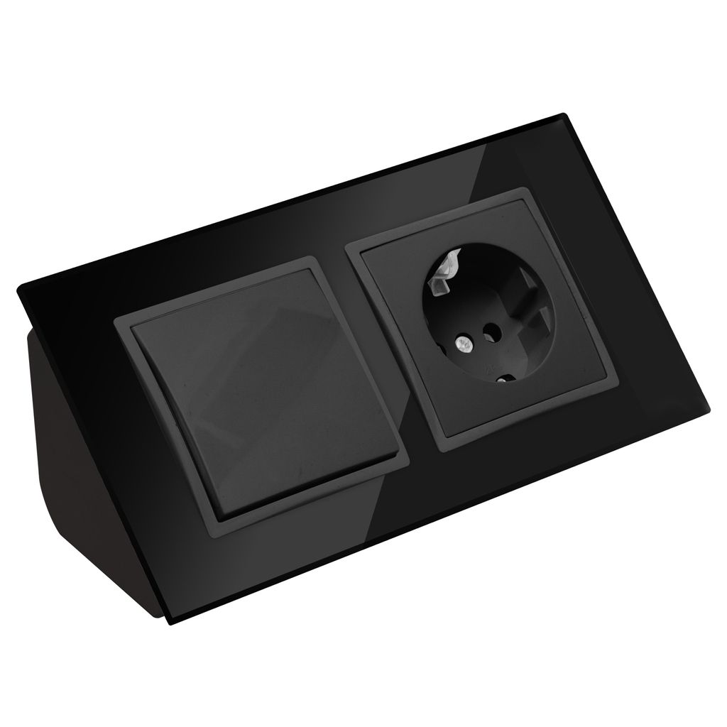 Glas Ecksteckdose Steckdose + Lichtschalter Steckdosenblock 45° Verteilerdose schwarz.