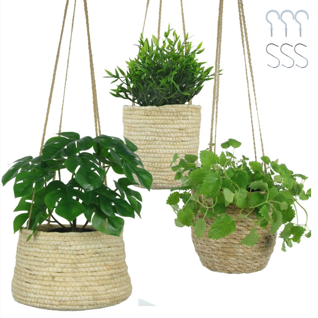 Set mit 3 Hängeblumentöpfen – Natürliche Hängekörbe als Indoor-Blumentöpfe, Boho-Dekoration oder Aufbewahrungskörbe, 17–20 cm