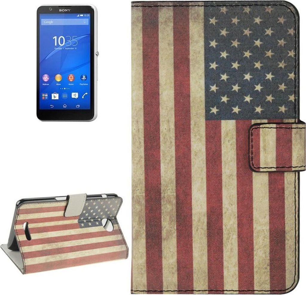 Handyhülle Tasche für Handy Sony Xperia E4 Retro Fahne USA